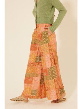 BILA77 Ayala Patchwork Wide Leg Palazzo Pants Sz L Boho Festival MultiColor NWT